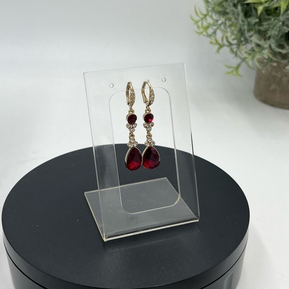Givenchy Womens Gold Tone Red and Clear Crystal Dangle Drop Earring New - Picture 3 of 10